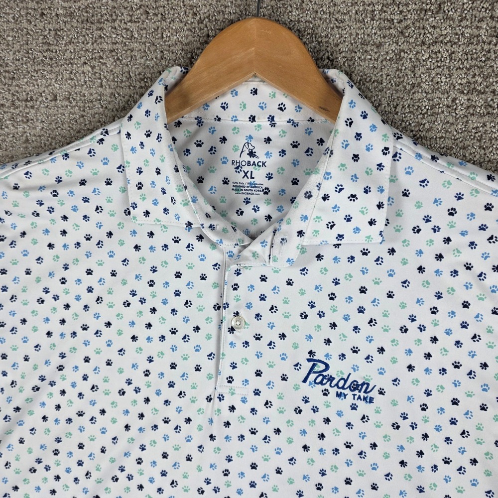 Rhoback Pardon My Take PMT Paw Print Polo Shirt Mens XL White Blue Green Golf